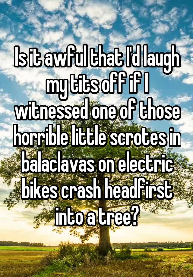 Is it awful that I'd laugh my tits off if I witnessed one of those horrible little scrotes in balaclavas on electric bikes crash headfirst into a tree?