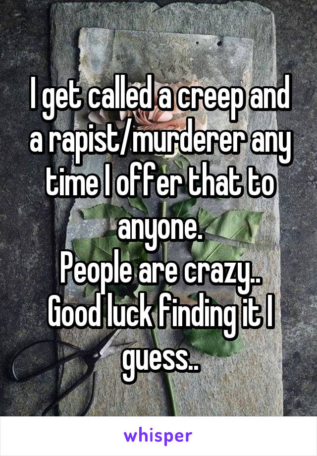 I get called a creep and a rapist/murderer any time I offer that to anyone.
People are crazy..
Good luck finding it I guess..