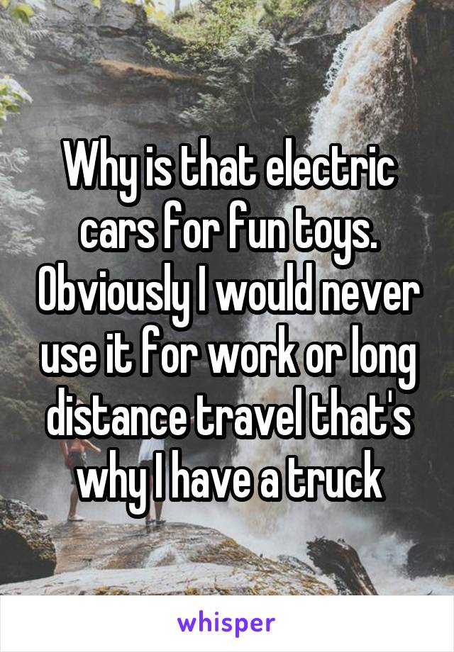 Why is that electric cars for fun toys. Obviously I would never use it for work or long distance travel that's why I have a truck