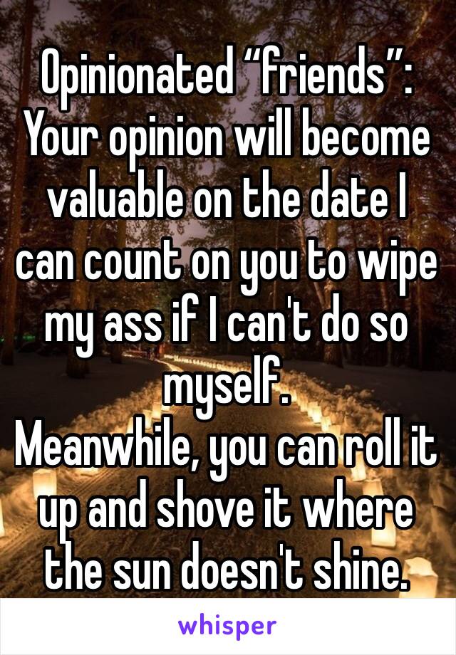 Opinionated “friends”:
Your opinion will become valuable on the date I can count on you to wipe my ass if I can't do so myself. 
Meanwhile, you can roll it up and shove it where the sun doesn't shine.