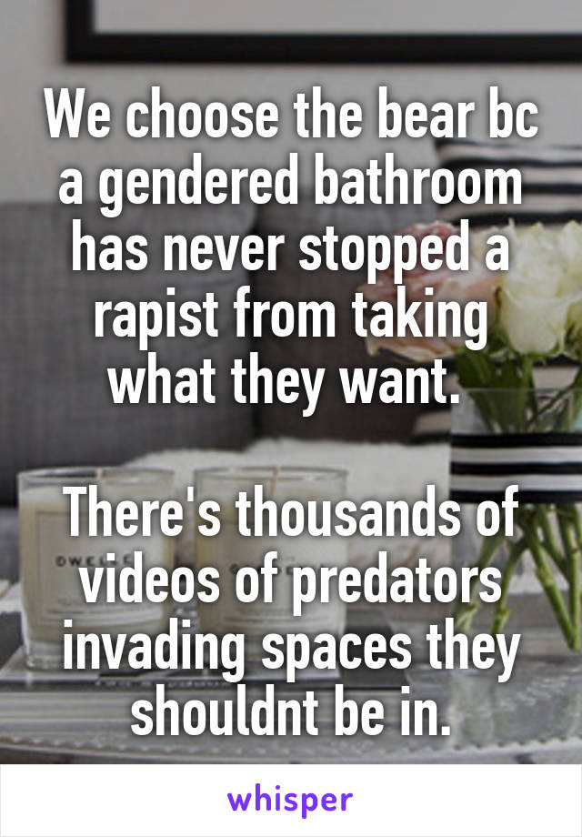 We choose the bear bc a gendered bathroom has never stopped a rapist from taking what they want. 

There's thousands of videos of predators invading spaces they shouldnt be in.