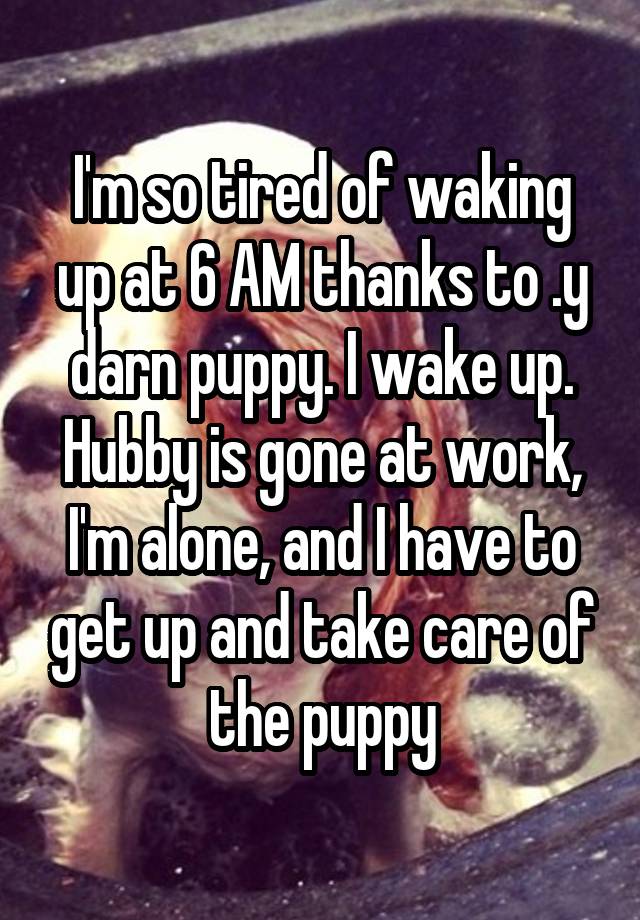I'm so tired of waking up at 6 AM thanks to .y darn puppy. I wake up. Hubby is gone at work, I'm alone, and I have to get up and take care of the puppy