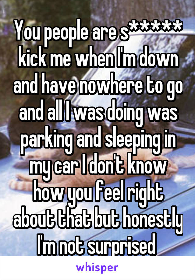 You people are s***** kick me when I'm down and have nowhere to go and all I was doing was parking and sleeping in my car I don't know how you feel right about that but honestly I'm not surprised 