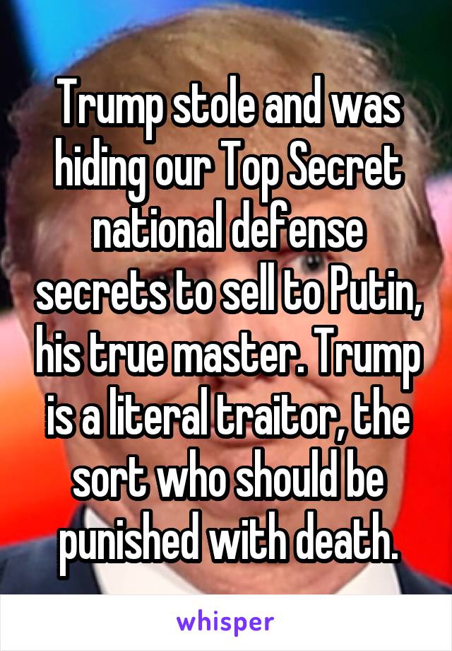 Trump stole and was hiding our Top Secret national defense secrets to sell to Putin, his true master. Trump is a literal traitor, the sort who should be punished with death.