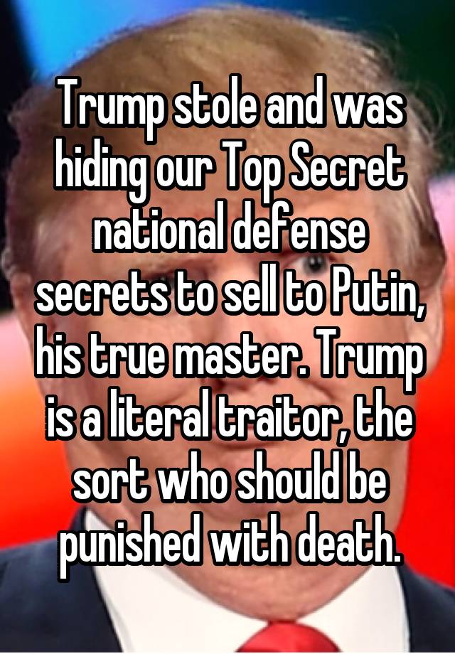 Trump stole and was hiding our Top Secret national defense secrets to sell to Putin, his true master. Trump is a literal traitor, the sort who should be punished with death.