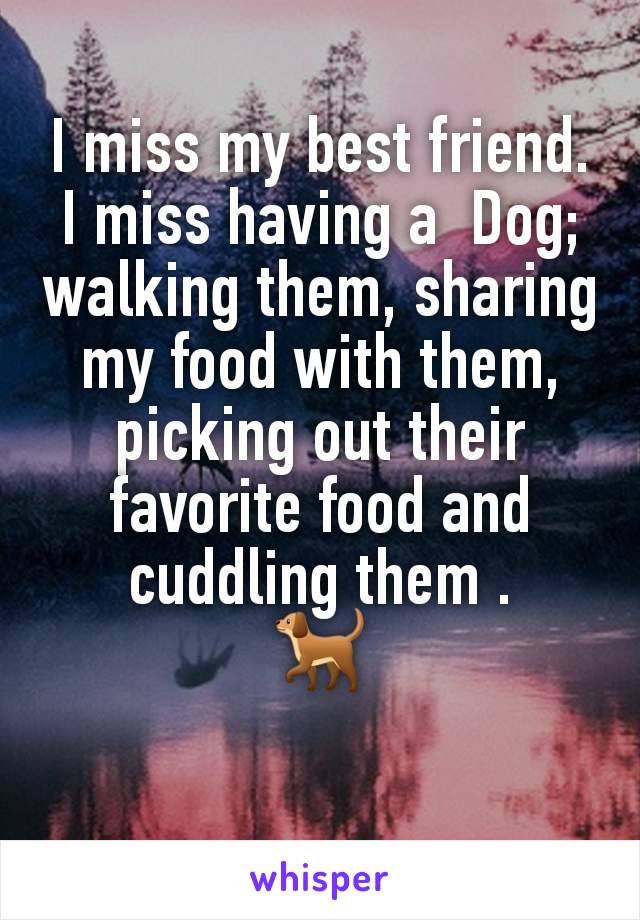 I miss my best friend. I miss having a  Dog; walking them, sharing my food with them, picking out their favorite food and cuddling them .
🐕