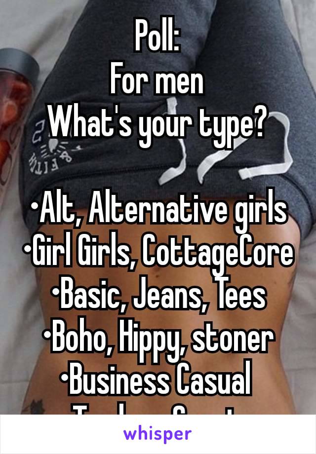 Poll:
For men
What's your type?

•Alt, Alternative girls
•Girl Girls, CottageCore
•Basic, Jeans, Tees
•Boho, Hippy, stoner
•Business Casual 
•Tomboy, Sporty