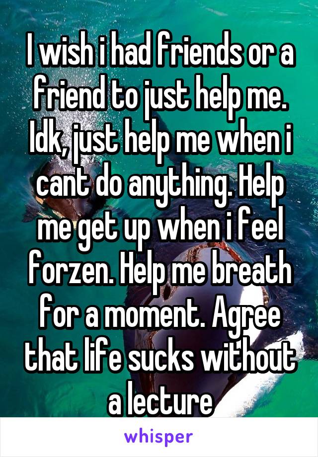 I wish i had friends or a friend to just help me. Idk, just help me when i cant do anything. Help me get up when i feel forzen. Help me breath for a moment. Agree that life sucks without a lecture