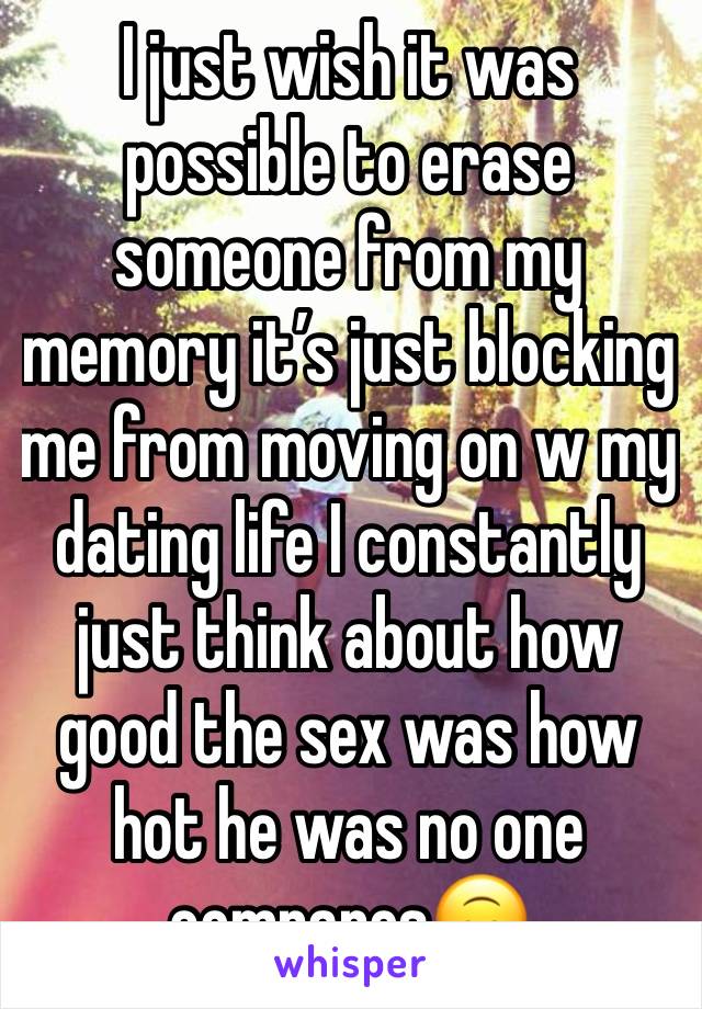 I just wish it was possible to erase 
someone from my memory it’s just blocking me from moving on w my dating life I constantly just think about how good the sex was how hot he was no one compares🙃