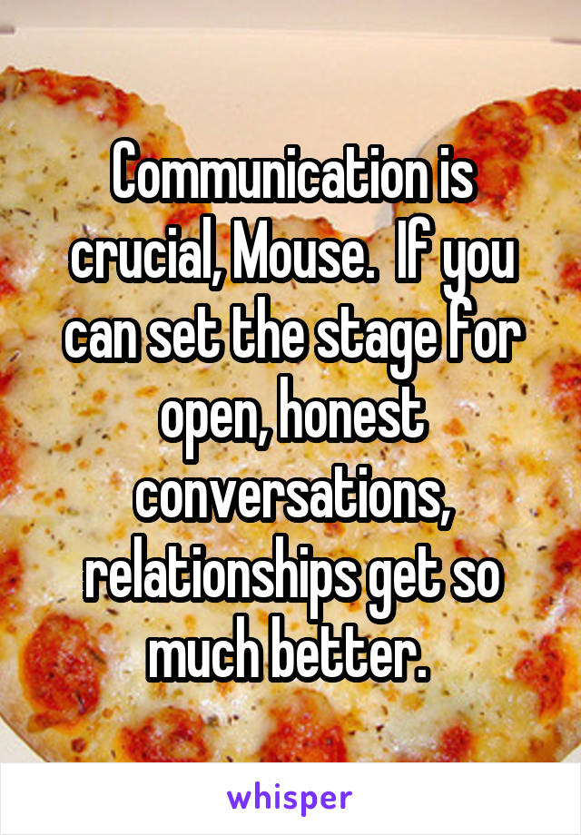 Communication is crucial, Mouse.  If you can set the stage for open, honest conversations, relationships get so much better. 