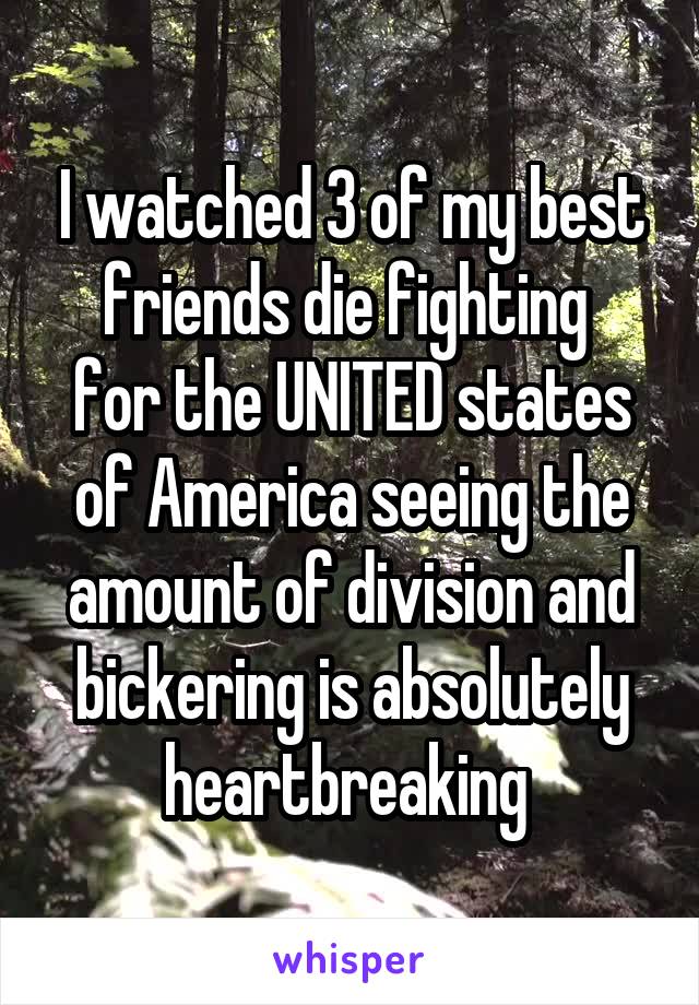 I watched 3 of my best friends die fighting 
for the UNITED states of America seeing the amount of division and bickering is absolutely heartbreaking 