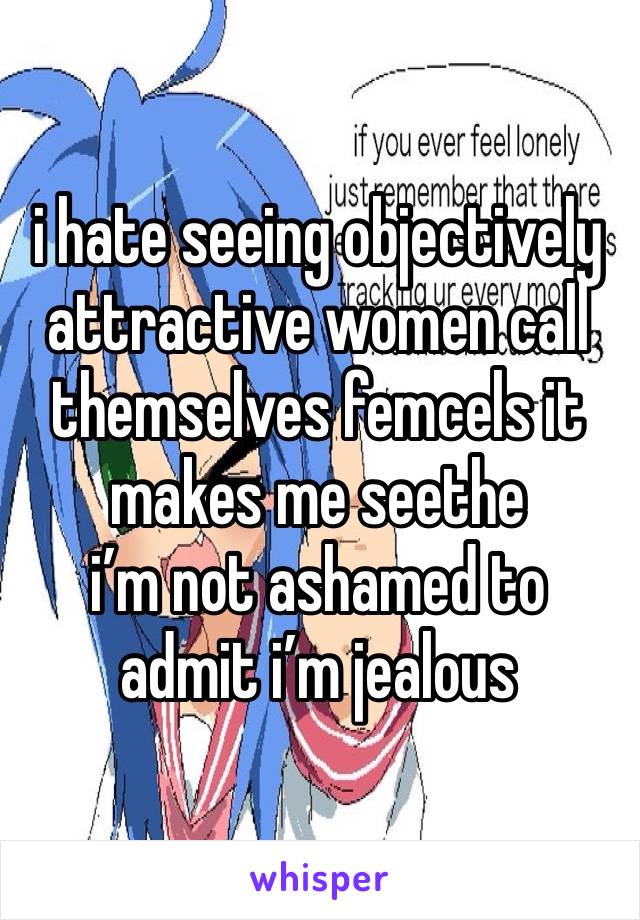 i hate seeing objectively attractive women call themselves femcels it makes me seethe
i’m not ashamed to admit i’m jealous 