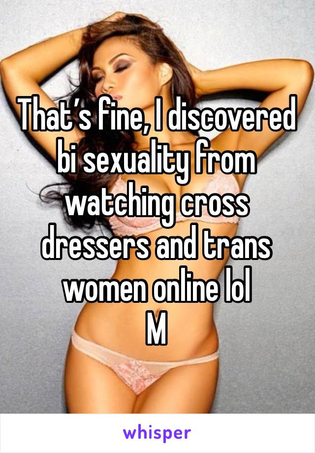 That’s fine, I discovered bi sexuality from watching cross dressers and trans women online lol 
M