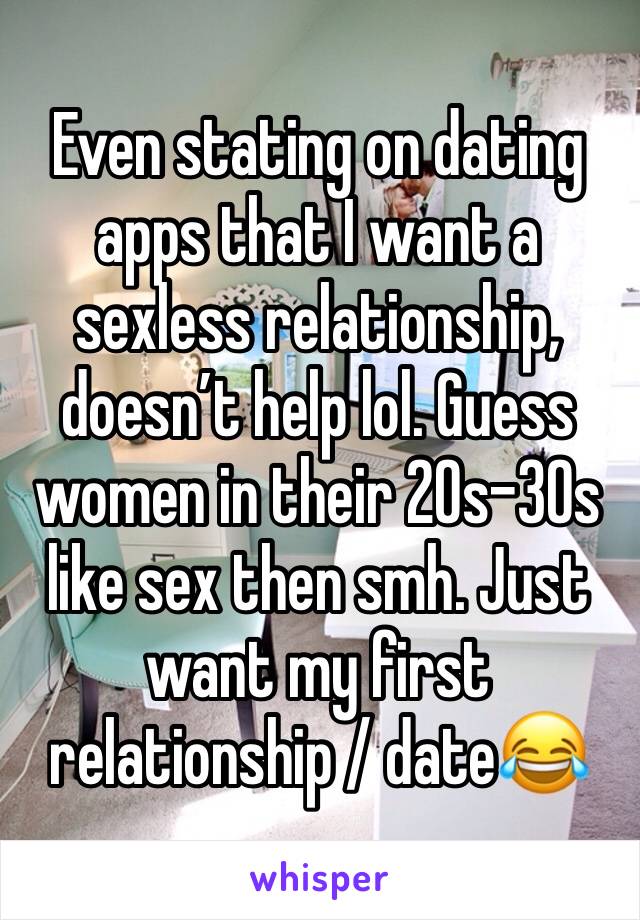 Even stating on dating apps that I want a sexless relationship, doesn’t help lol. Guess women in their 20s-30s like sex then smh. Just want my first relationship / date😂 