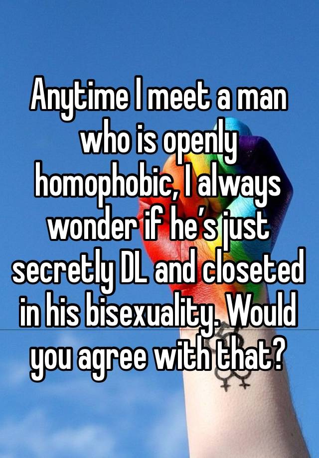 Anytime I meet a man who is openly homophobic, I always wonder if he’s just secretly DL and closeted in his bisexuality. Would you agree with that?