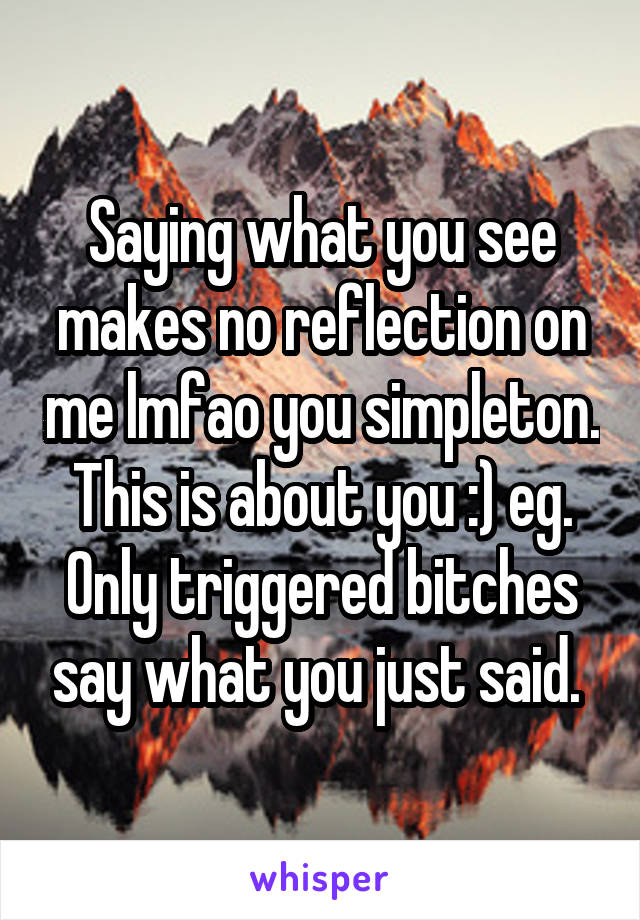 Saying what you see makes no reflection on me lmfao you simpleton. This is about you :) eg. Only triggered bitches say what you just said. 