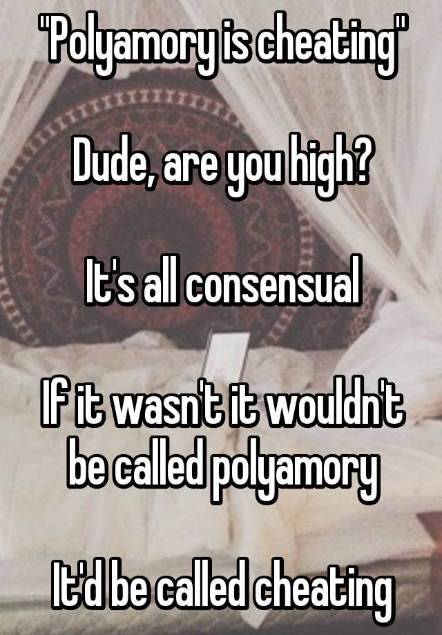 "Polyamory is cheating"

Dude, are you high?

It's all consensual

If it wasn't it wouldn't be called polyamory

It'd be called cheating