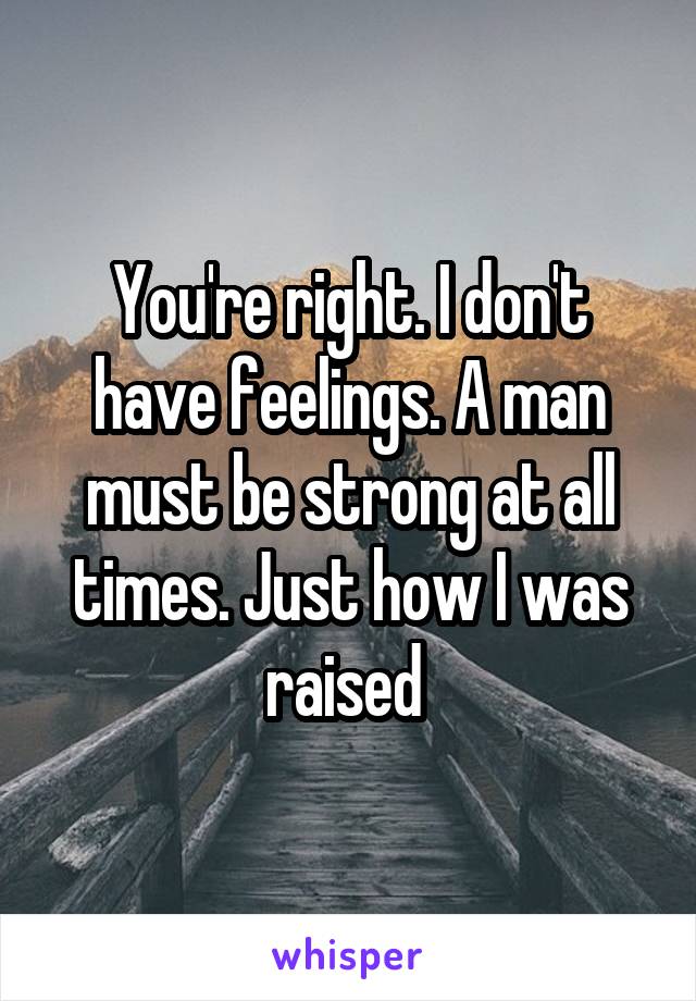 You're right. I don't have feelings. A man must be strong at all times. Just how I was raised 