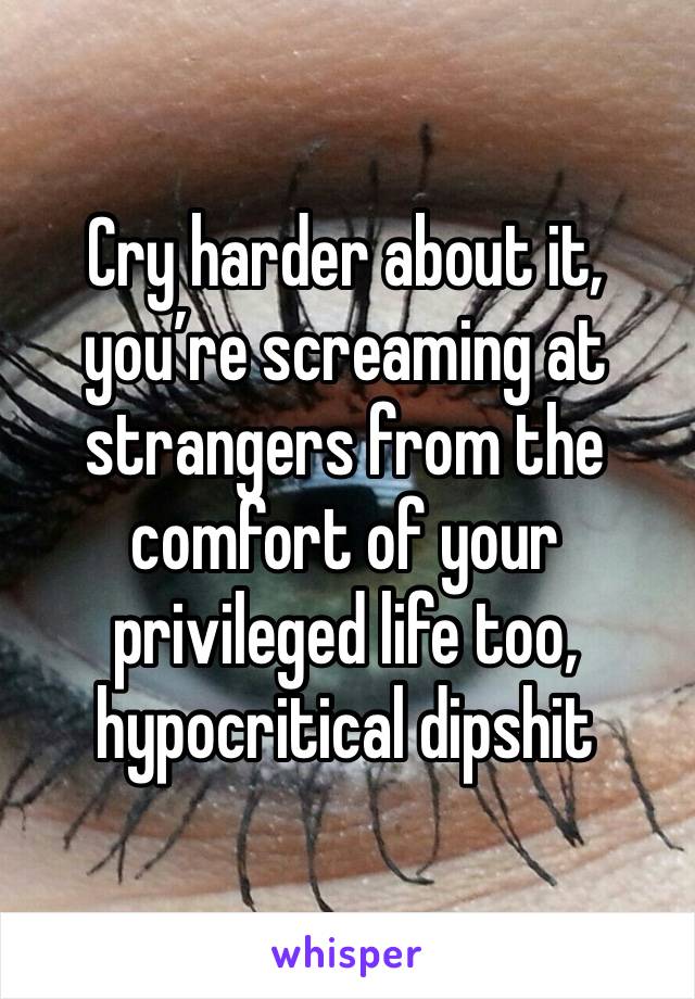 Cry harder about it, you’re screaming at strangers from the comfort of your privileged life too, hypocritical dipshit 