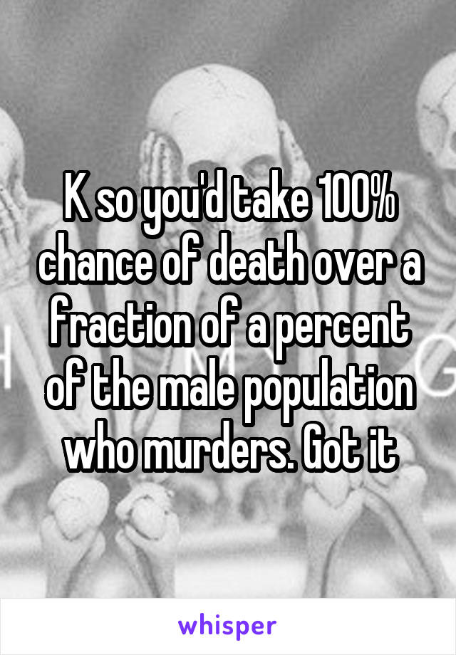 K so you'd take 100% chance of death over a fraction of a percent of the male population who murders. Got it