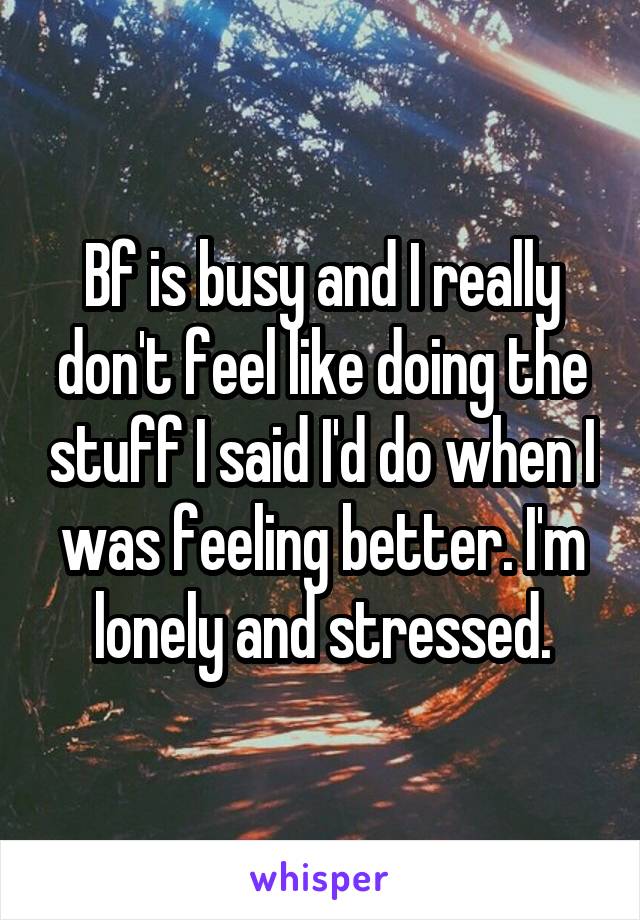 Bf is busy and I really don't feel like doing the stuff I said I'd do when I was feeling better. I'm lonely and stressed.