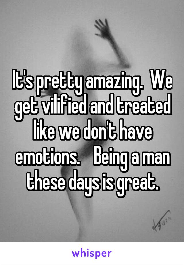 It's pretty amazing.  We get vilified and treated like we don't have emotions.    Being a man these days is great.