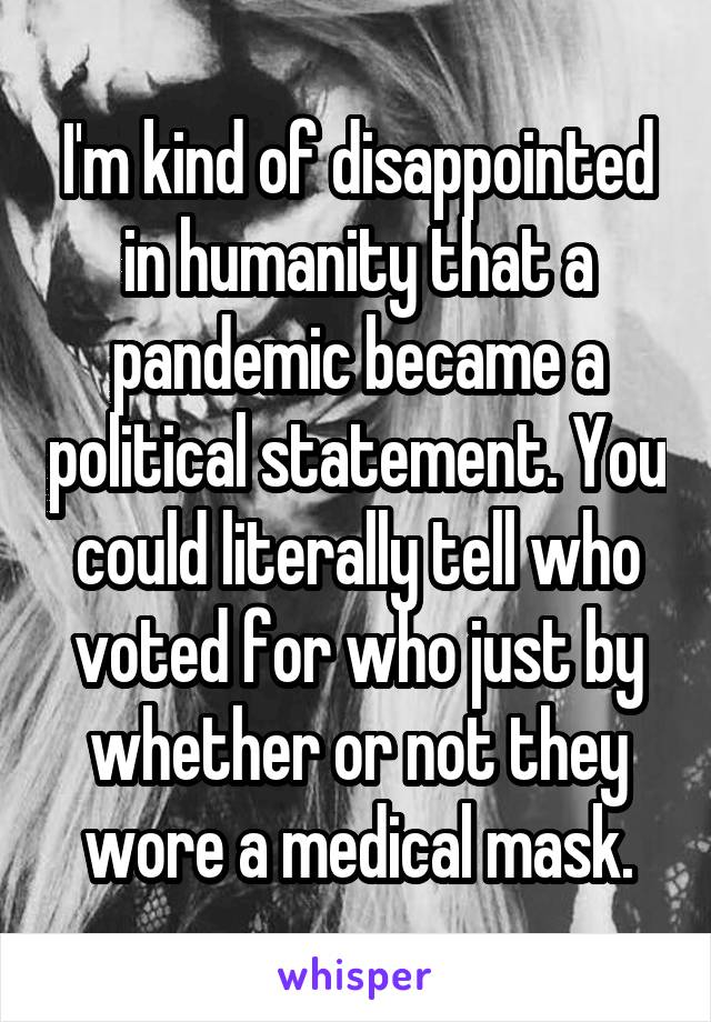I'm kind of disappointed in humanity that a pandemic became a political statement. You could literally tell who voted for who just by whether or not they wore a medical mask.