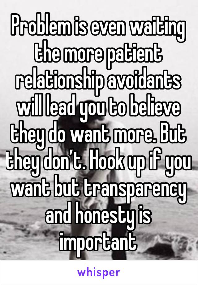 Problem is even waiting the more patient relationship avoidants will lead you to believe they do want more. But they don’t. Hook up if you want but transparency and honesty is important