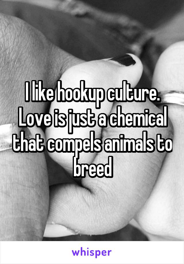 I like hookup culture. Love is just a chemical that compels animals to breed