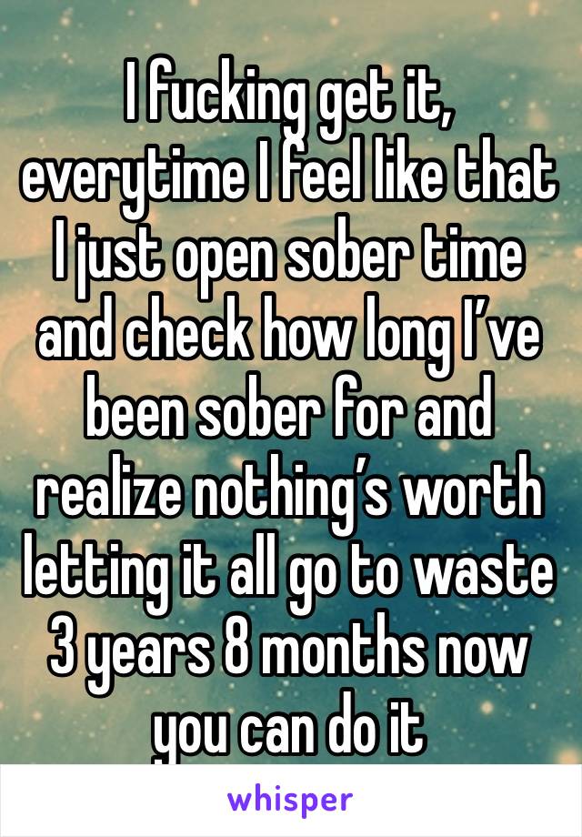 I fucking get it, everytime I feel like that I just open sober time and check how long I’ve been sober for and realize nothing’s worth letting it all go to waste 3 years 8 months now you can do it 