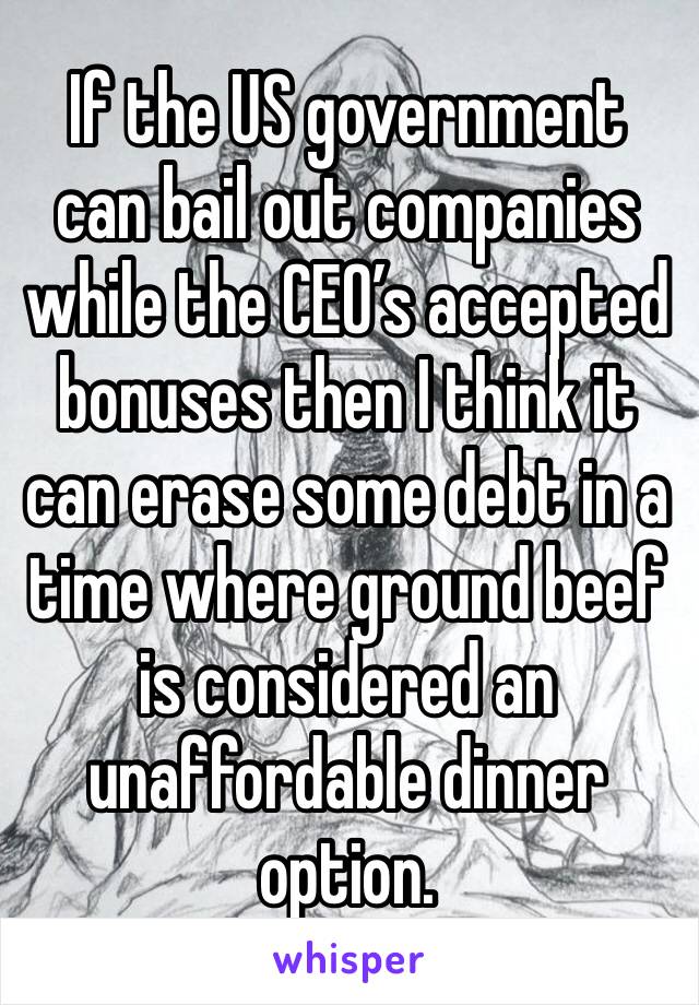If the US government can bail out companies while the CEO’s accepted bonuses then I think it can erase some debt in a time where ground beef is considered an unaffordable dinner option. 