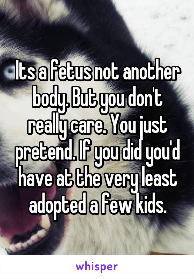 Its a fetus not another body. But you don't really care. You just pretend. If you did you'd have at the very least adopted a few kids.