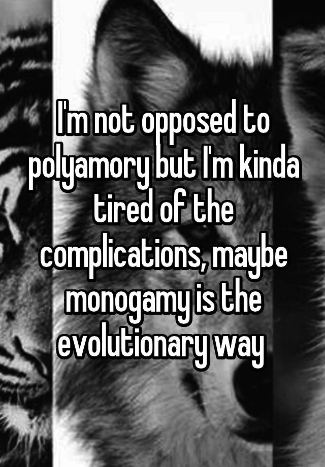I'm not opposed to polyamory but I'm kinda tired of the complications, maybe monogamy is the evolutionary way 