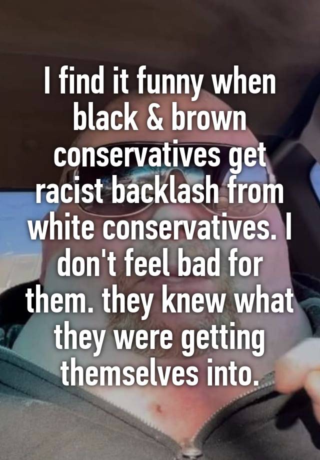 I find it funny when black & brown conservatives get racist backlash from white conservatives. I don't feel bad for them. they knew what they were getting themselves into.