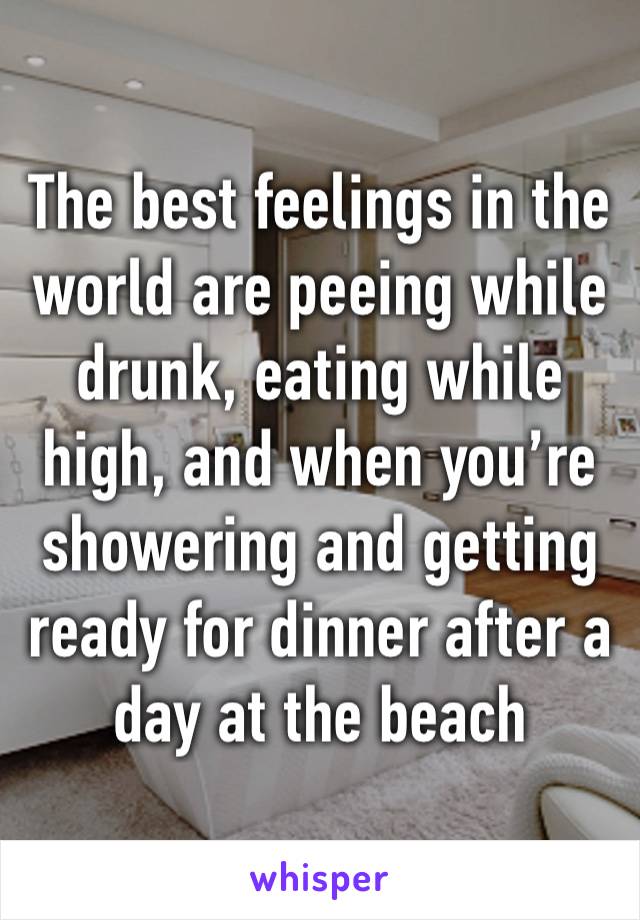 The best feelings in the world are peeing while drunk, eating while high, and when you’re showering and getting ready for dinner after a day at the beach 