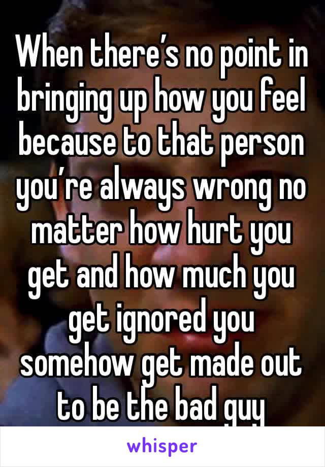 When there’s no point in bringing up how you feel because to that person you’re always wrong no matter how hurt you get and how much you get ignored you somehow get made out to be the bad guy 