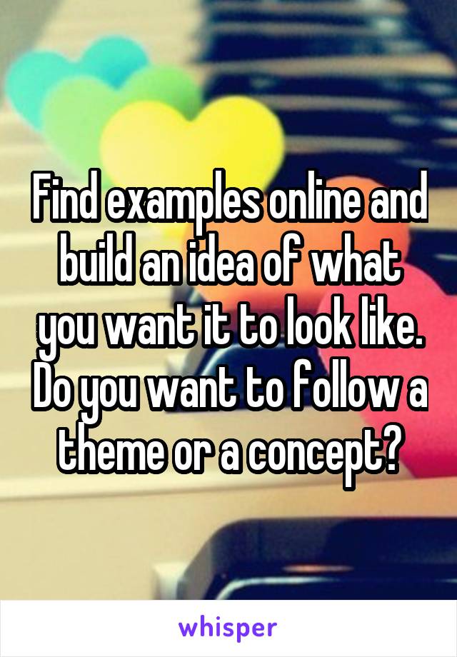 Find examples online and build an idea of what you want it to look like. Do you want to follow a theme or a concept?