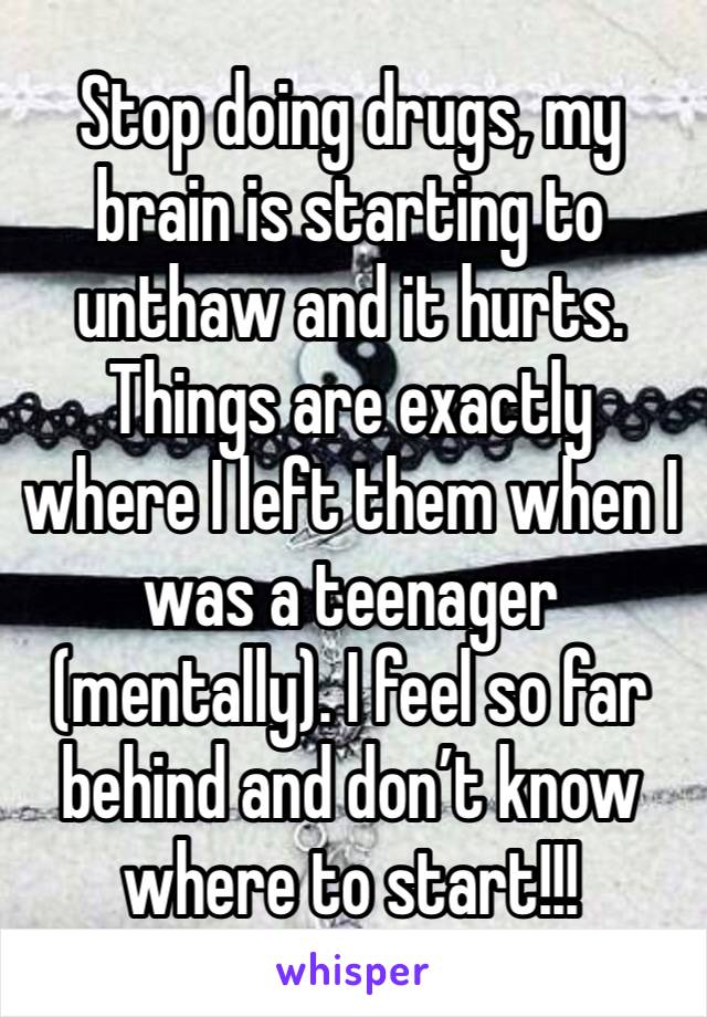 Stop doing drugs, my brain is starting to unthaw and it hurts. Things are exactly where I left them when I was a teenager (mentally). I feel so far behind and don’t know where to start!!! 