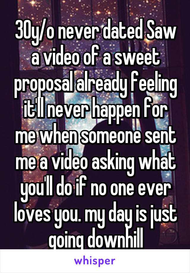 30y/o never dated Saw a video of a sweet proposal already feeling it'll never happen for me when someone sent me a video asking what you'll do if no one ever loves you. my day is just going downhill