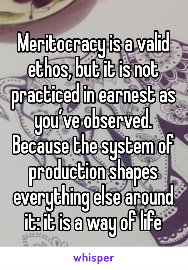 Meritocracy is a valid ethos, but it is not practiced in earnest as you’ve observed. Because the system of production shapes everything else around it: it is a way of life