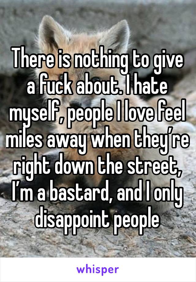 There is nothing to give a fuck about. I hate myself, people I love feel miles away when they’re right down the street, I’m a bastard, and I only disappoint people 