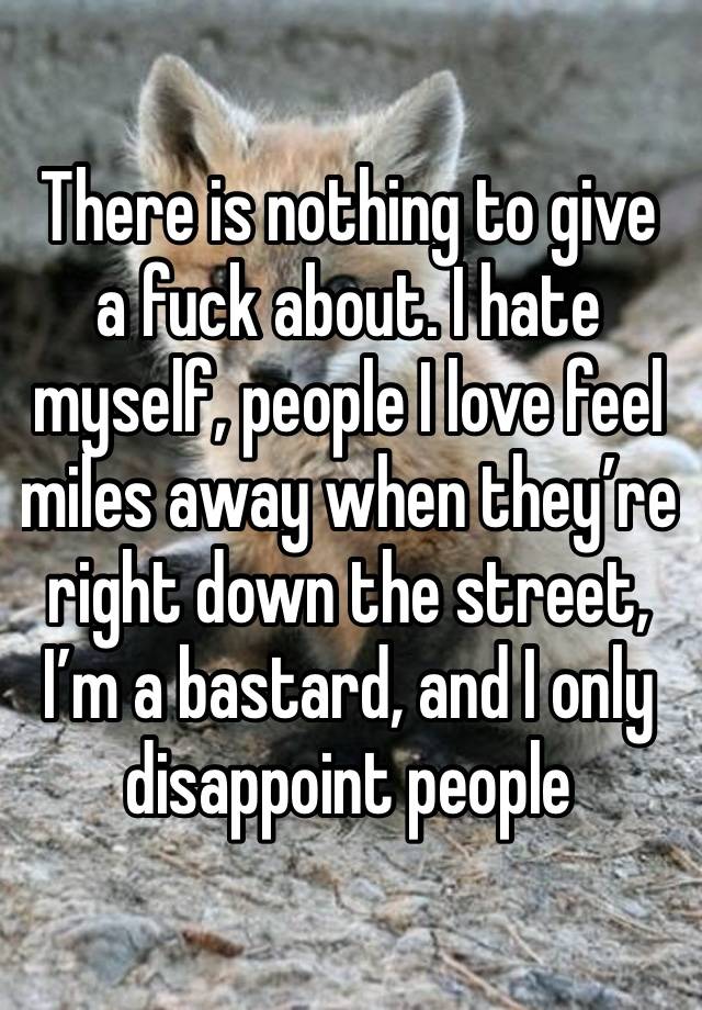 There is nothing to give a fuck about. I hate myself, people I love feel miles away when they’re right down the street, I’m a bastard, and I only disappoint people 