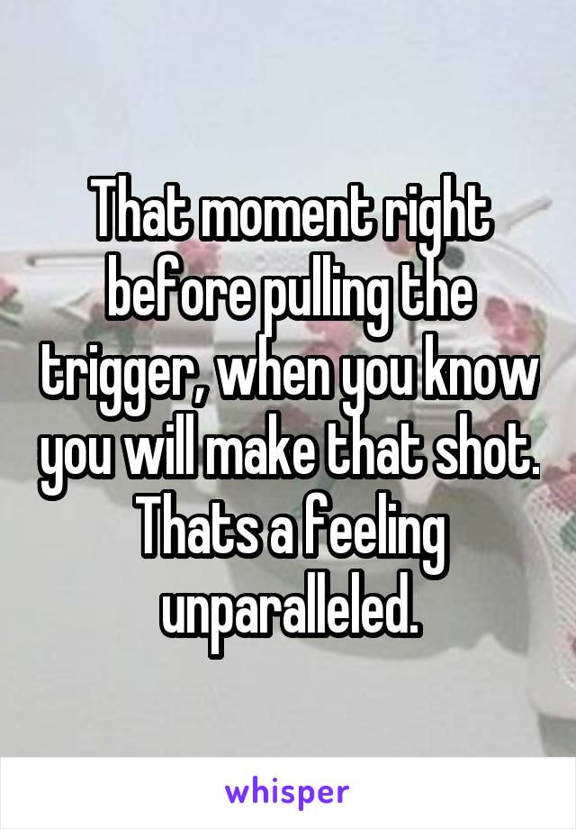 That moment right before pulling the trigger, when you know you will make that shot.
Thats a feeling unparalleled.