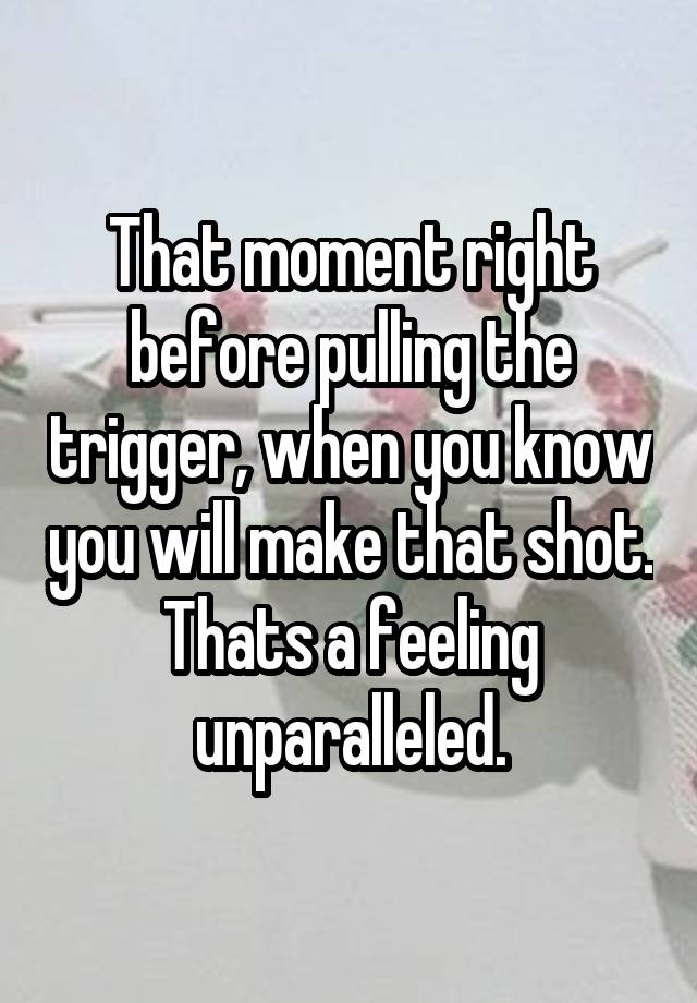 That moment right before pulling the trigger, when you know you will make that shot.
Thats a feeling unparalleled.