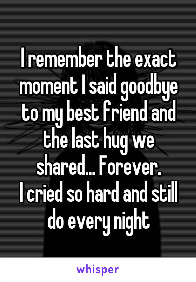 I remember the exact moment I said goodbye to my best friend and the last hug we shared... Forever.
I cried so hard and still do every night