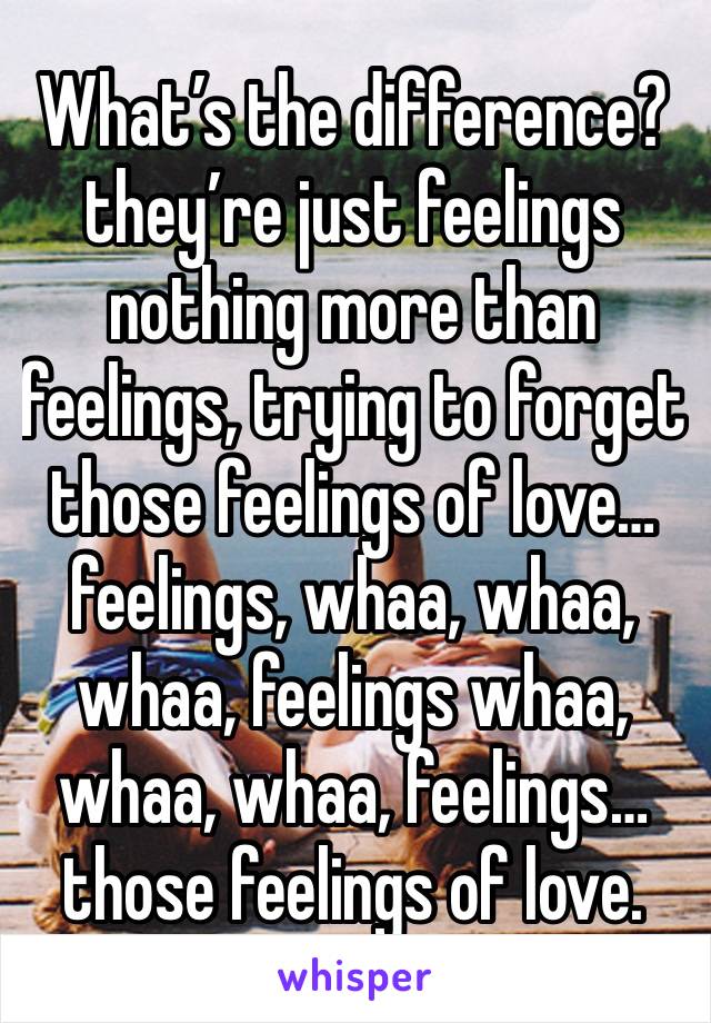 What’s the difference? they’re just feelings nothing more than feelings, trying to forget those feelings of love…feelings, whaa, whaa, whaa, feelings whaa, whaa, whaa, feelings…those feelings of love.