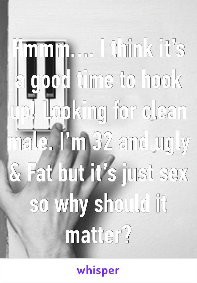 Hmmm…. I think it’s a good time to hook up! Looking for clean male. I’m 32 and ugly & Fat but it’s just sex so why should it matter? 
