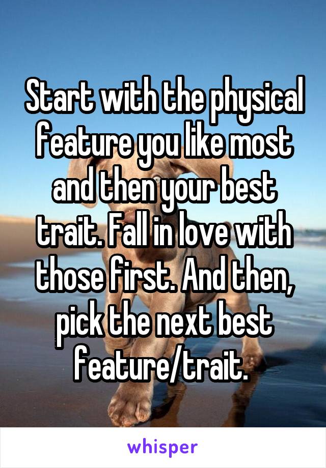 Start with the physical feature you like most and then your best trait. Fall in love with those first. And then, pick the next best feature/trait. 