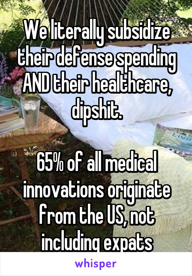 We literally subsidize their defense spending AND their healthcare, dipshit.

65% of all medical innovations originate from the US, not including expats