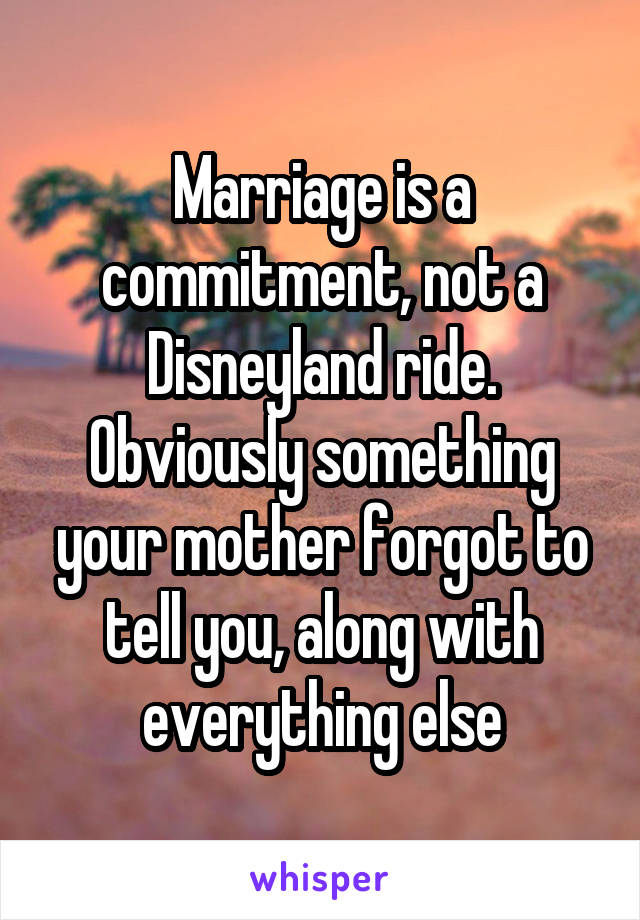 Marriage is a commitment, not a Disneyland ride. Obviously something your mother forgot to tell you, along with everything else